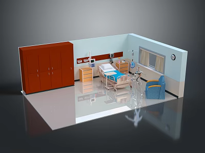 Cartoon Hospital Room Scene With Brown Wardrobe Bed Blue Chair Window And Clock 3d model