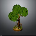 Green leafy tree with brown trunk and swing on circular base with small stones