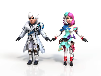 Two Fantasy Characters With White Hair And Pink Green Hair In Colorful Outfits Standing Together 3d model