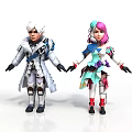 Two Fantasy Characters With White Hair And Pink Green Hair In Colorful Outfits Standing Together