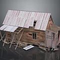 Shabby Wooden House With Damaged Corrugated Iron Roof And Broken Windows