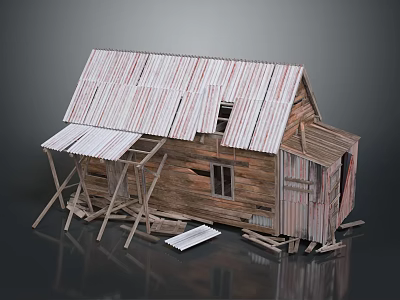 Shabby Wooden House With Damaged Corrugated Iron Roof And Broken Windows 3d model