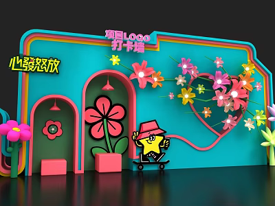 Colorful Photo Check In Spot With Flower Arch And Cartoon Figure Decorations 3d model