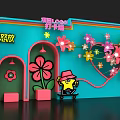Colorful Photo Check In Spot With Flower Arch And Cartoon Figure Decorations