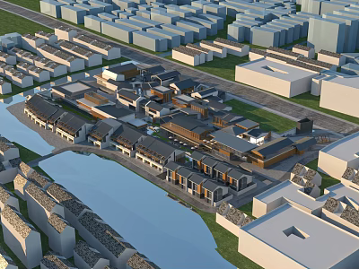 Traditional And Modern Commercial Street Along River With Scenic Urban Building Layout 3d model