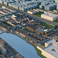 Traditional And Modern Commercial Street Along River With Scenic Urban Building Layout