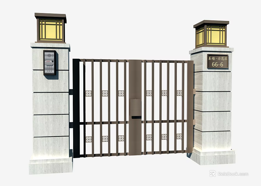 Modern Metal Entrance Gate With Stone Pillars Lamp Fixtures And Decorative Grilles 3d model 