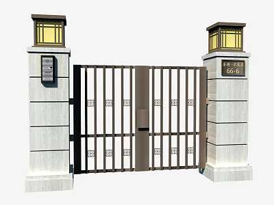 Modern Metal Entrance Gate With Stone Pillars Lamp Fixtures And Decorative Grilles 3d model