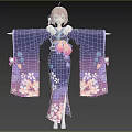 Woman in Purple Blue Kimono With Cherry Blossom Patterns And Pink Ribbon Tassels Standing Gracefully