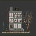 Multi Story Building Model With Balconies Roof Water Tank And Street Lamp