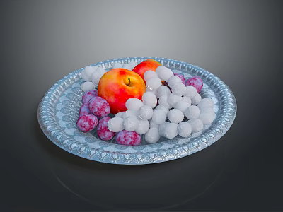 Blue Patterned Decorative Plate With Fresh Apple White And Purple Grapes Neatly Arranged 3d model