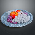Blue Patterned Decorative Plate With Fresh Apple White And Purple Grapes Neatly Arranged