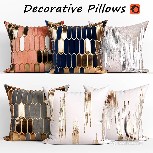 Colorful Hexagonal And Striped Throw Pillows With Metallic Accents And Soft Fabric 3d model 