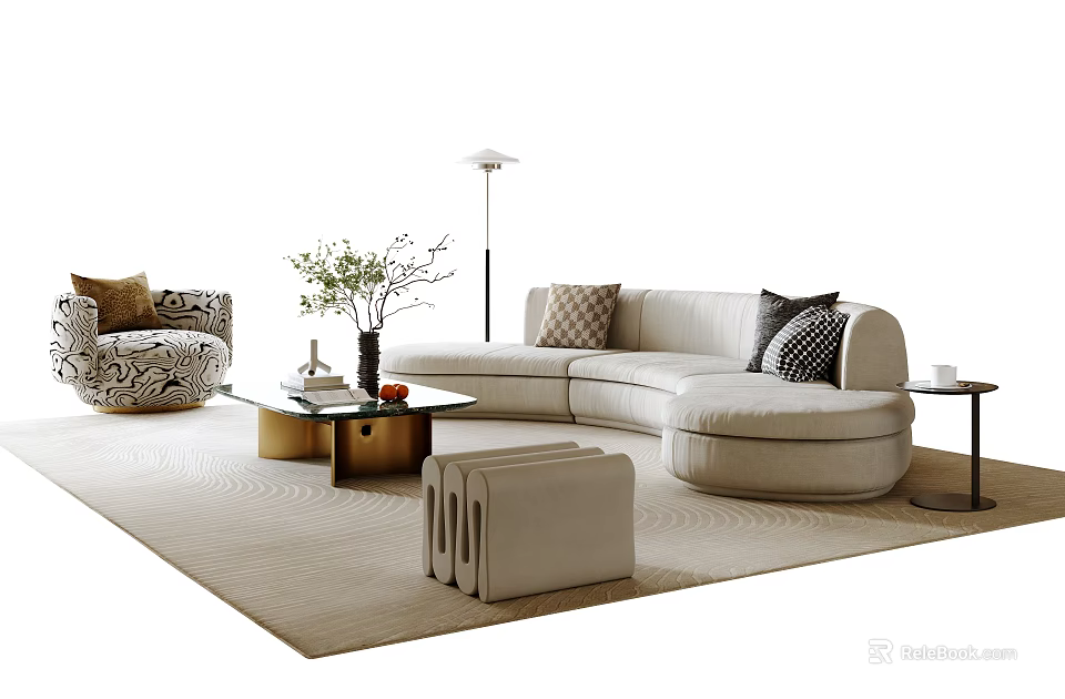 Modern Beige Sofa And Coffee Table Set With Throw Pillows Floor Lamp And Area Rug 3d model 