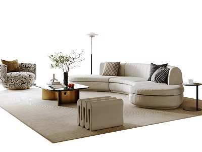 Modern Beige Sofa And Coffee Table Set With Throw Pillows Floor Lamp And Area Rug 3d model