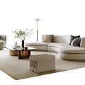 Modern Beige Sofa And Coffee Table Set With Throw Pillows Floor Lamp And Area Rug
