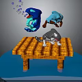 Floating Blue Cartoon Characters and Gray White Cat Standing on Wooden Platform with Bubbles