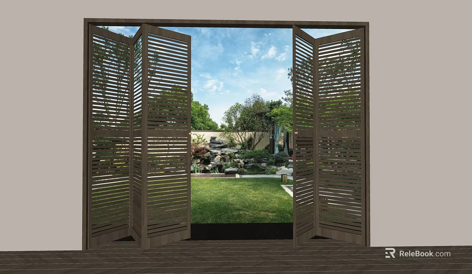 Open Louvered Folding Doors Reveal Garden View With Green Grass And Trees 3d model 