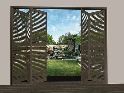 Open Louvered Folding Doors Reveal Garden View With Green Grass And Trees 3d model