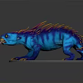 Blue Striped Fantasy Creature With Colorful Spines Yellow Eyes Sharp Claws Tongue Out On Base