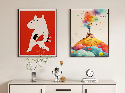 Colorful Room Decor With Red Cartoon Painting And Fantasy Landscape Art On Wall Above White Cabinet 3d model