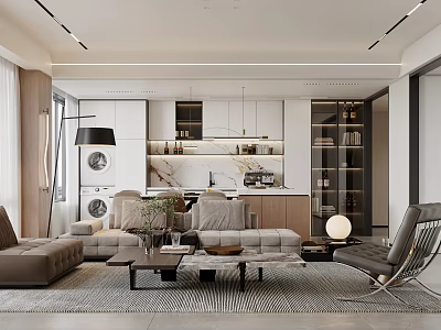 Modern Open Living Dining Area With Sofa Coffee Table Rug And Kitchen Cabinets 3d model