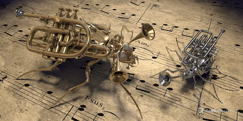 Insect Shaped Decorative Ornament Set With Gold Silver Musical Instrument Parts On Music Notes Background 3d model 