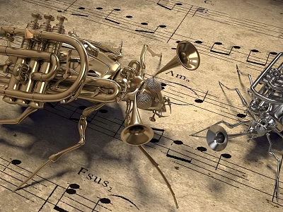 Insect Shaped Decorative Ornament Set With Gold Silver Musical Instrument Parts On Music Notes Background 3d model