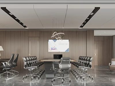 Modern Office Meeting Room With Long Table Leather Chairs Projection Screen Wooden Walls And Chandelier 3d model
