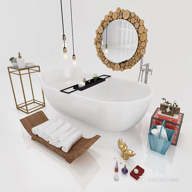 White Freestanding Bathtub With Wooden Round Mirror Golden Side Table Potted Plants And Towels 3d model 
