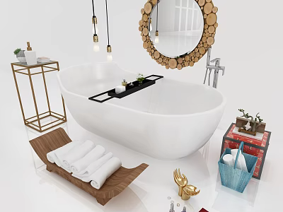 White Freestanding Bathtub With Wooden Round Mirror Golden Side Table Potted Plants And Towels 3d model