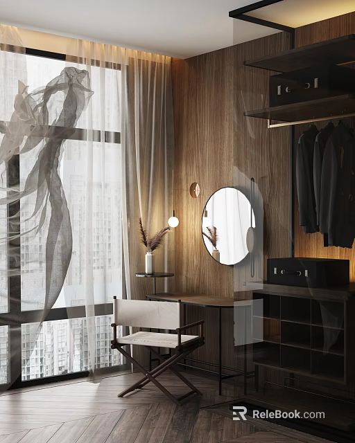 Modern Dressing Table With Wooden Wall Round Mirror Chair And Table Lamp 3d model 