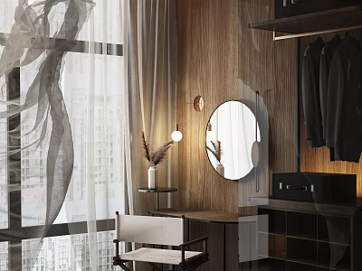 Modern Dressing Table With Wooden Wall Round Mirror Chair And Table Lamp 3d model