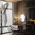 Modern Dressing Table With Wooden Wall Round Mirror Chair And Table Lamp