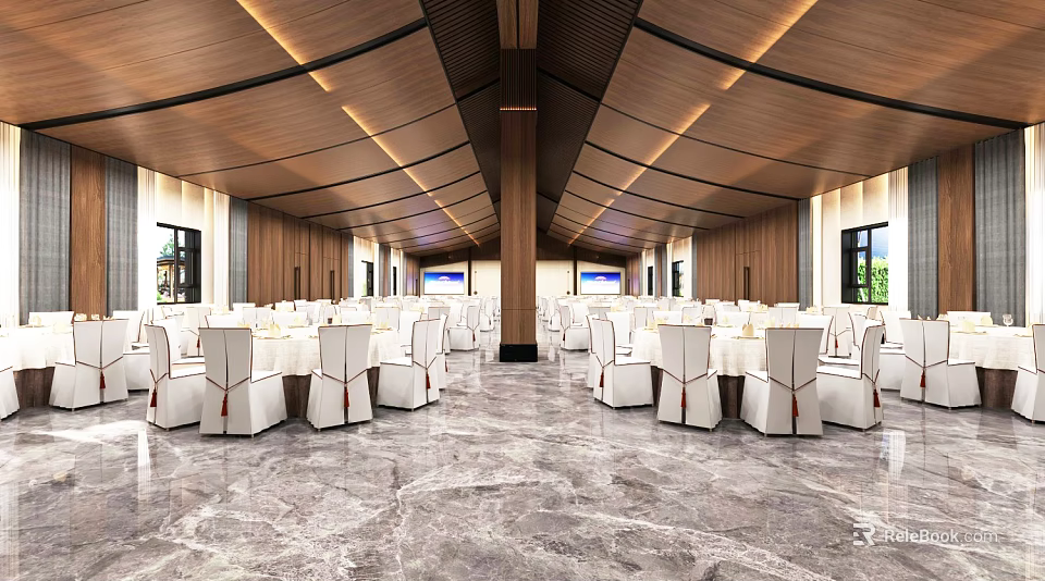 Spacious Elegant Banquet Hall Interior Featuring Marble Floor White Tables Chairs And Wooden Ceiling 3d model 