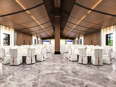 Spacious Elegant Banquet Hall Interior Featuring Marble Floor White Tables Chairs And Wooden Ceiling 3d model