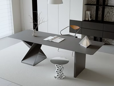 Modern Gray Desk With X Shaped Legs Open Book Vase Chair And Stool 3d model