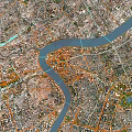 Detailed Urban Aerial Planning of City Layout with River Road Network and Green Spaces