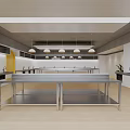 Commercial Kitchen Interior Design With Stainless Steel Worktables Hanging Lights And Open Layout