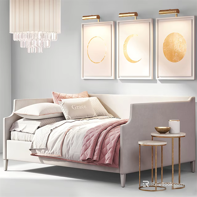 Elegant Bedroom Interior With Light Colored Bed Pink Blanket Moon Wall Art Crystal Chandelier Small Tables 3d model 