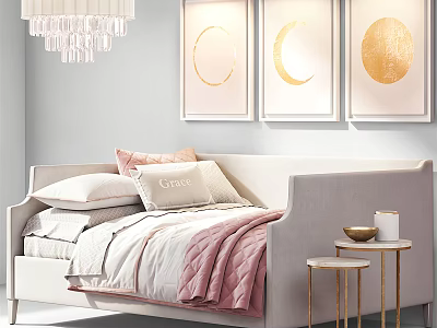 Elegant Bedroom Interior With Light Colored Bed Pink Blanket Moon Wall Art Crystal Chandelier Small Tables 3d model