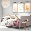 Elegant Bedroom Interior With Light Colored Bed Pink Blanket Moon Wall Art Crystal Chandelier Small Tables