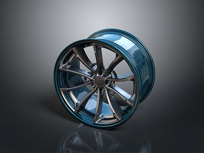 Stylish Blue Metallic Automotive Wheel With Modern Spoke Design And Glossy Rim 3d model