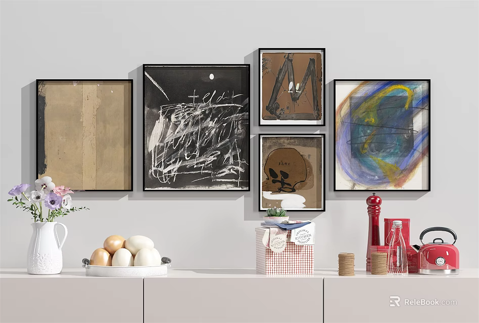 Four Framed Abstract Paintings on Wall With Vase Eggs and Red Kettle in Living Room 3d model 