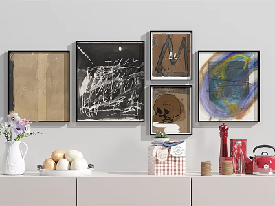 Four Framed Abstract Paintings on Wall With Vase Eggs and Red Kettle in Living Room 3d model