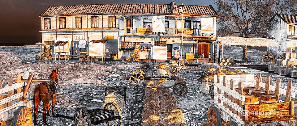 Traditional Town Scenery with Red Roofed Buildings Wooden Balconies Stone Paths Vintage Wheelbarrows and Barrels 3d model 