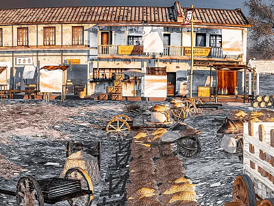 Traditional Town Scenery with Red Roofed Buildings Wooden Balconies Stone Paths Vintage Wheelbarrows and Barrels 3d model