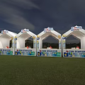 Three White Tent Like Booths For Fun Starfest On Grass Field With Blue Yellow Decorations