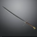 Long Bladed Weapon With Blue Steel Blade And Wooden Handle On Dark Background