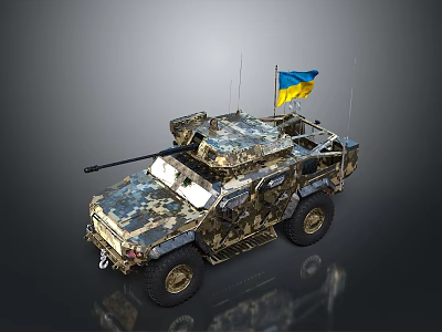 Armored Military Off Road Vehicle With Camouflage Paint And Blue Yellow Flag 3d model